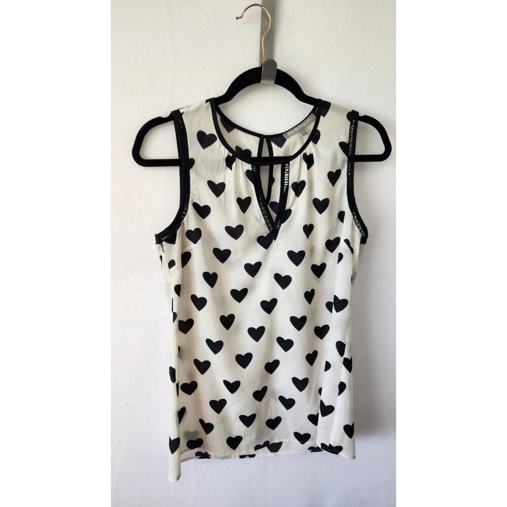Daniel Rainn Womens Size M White/Black Heart Blouse Sleeveless Coquette Whimsy